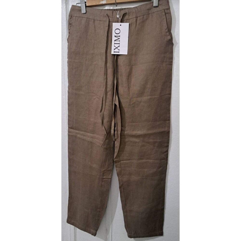 Womens Medium mocha brown 100% Linen Pants Elastic Waist Beach Boho minimalist